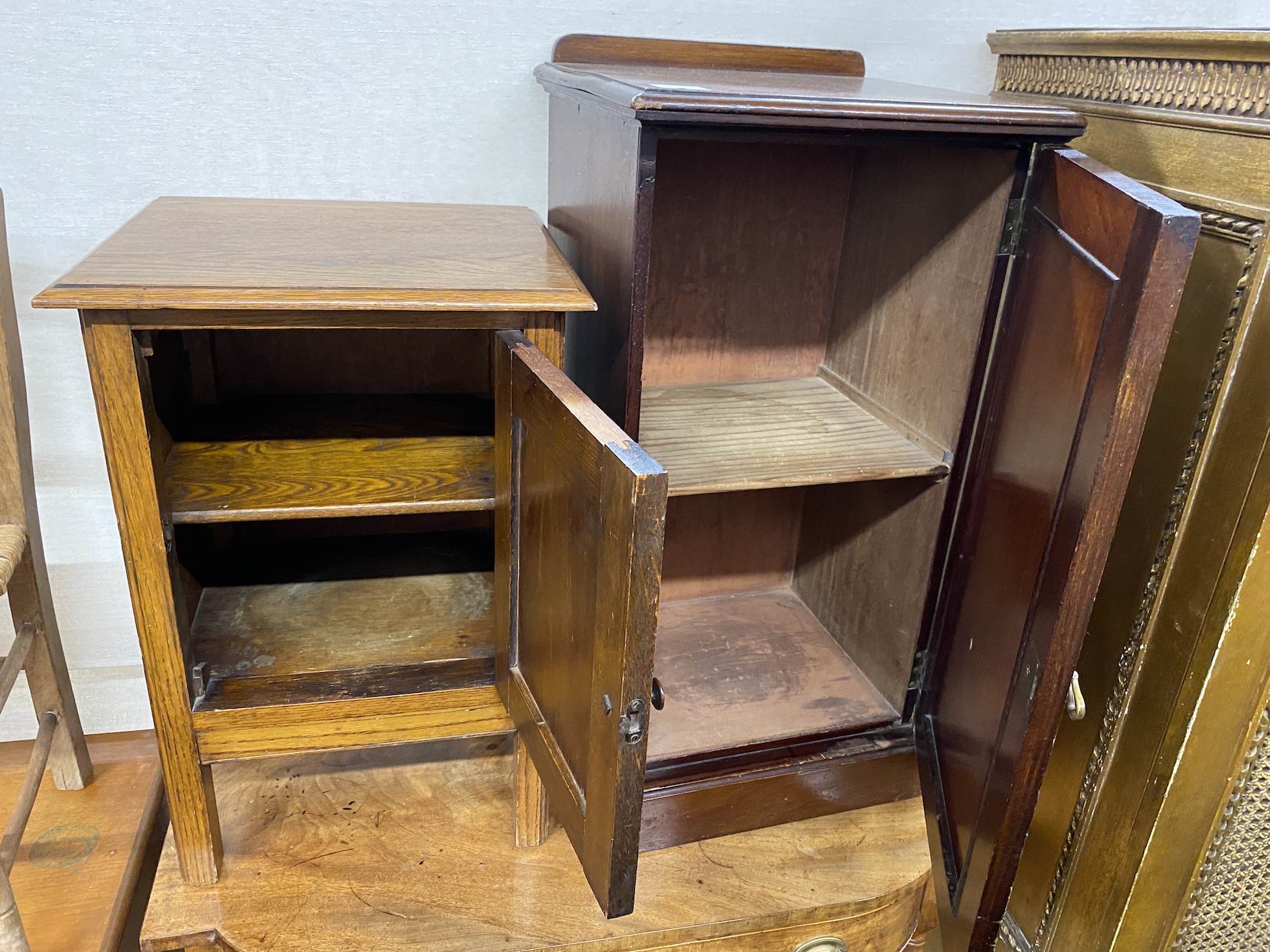 A late Victorian mahogany bedside cabinet, height 78cm, a later oak cabinet and a rush seat child's chair